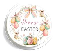 Easter Cake Topper - Edible Icing - 7" Round - Happy Easter Eggs Wreath Bows Cake Decoration - Modern Pastel Egg Spring Flowers Bow Hoop Design