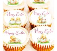Easter Cake Toppers - Easter Chick Cupcake Decorations - Wafer - 4cm x 24 - Cute Chicks Easter Eggs Topper (already cut)