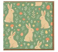 Easter Card - Cute Bunny Rabbits and Spring Flowers Pattern with Eggs - Adorable Illustrated Design - For Kids, Family or Friends - Blank Inside