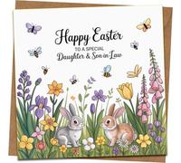 Easter Card for Daughter & Son-in-Law - Happy Easter Bunnies & Spring Flowers Design - 145mm x 145mm Square Greeting Card with Kraft Envelope