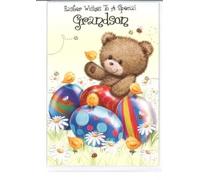 Easter Card for Grandson - Teddy Bear Playing with Chicks and Eggs in Garden Scene, 13cm x 19cm