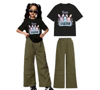 Easter Cartoon Print Girls Summer Two Piece Playwear Set Casual Short Sleeve Top and Cargo Pants Toddler Outfit Army Green