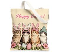 Easter Cat Canvas Tote Bags, Adorable Feline Bunny Design Reusable Grocery Bags, Spring Floral Lightweight Washable Shoulde, Beige, 13x15 Inch