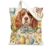 Easter Cavalier King Charles Spaniel Canvas Tote Bag for Shopping 13 * 15, Floral Art Eggs Reusable Grocery Shoulder Cloth Bag for Women, Dog Painting Gift Decoration