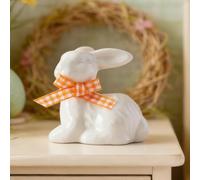 Easter Ceramic Bunny Figurine, Sitting Porcelain White Rabbit Statue with Colorful Checkered Bow, for Spring, Easter Gift Tiered Tray, Table Centerpieces Decorations for Indoor Decor