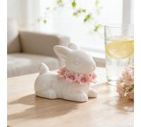 Easter Ceramic White Bunny Rabbits Figurines Ornaments, Porcelain Rabbit Statues with Floral Accents, Small Whimsical Animal Decor for Home, Bunnies Decor Spring Easter Gift for Animal Lovers