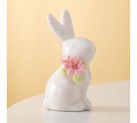 Easter Ceramic White Bunny Rabbits Figurines Ornaments, Porcelain Rabbit Statues with Floral Accents, Small Whimsical Animal Decor for Home, Bunnies Decor Spring Easter Gift for Animal Lovers