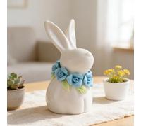 Easter Ceramic White Bunny Rabbits Figurines Ornaments, Porcelain Rabbit Statues with Floral Accents, Small Whimsical Animal Decor for Home, Bunnies Decor Spring Easter Gift for Animal Lovers