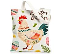 Easter Chicken Canvas Tote Bags, Floral Hen Pattern Reusable Grocery Bags, Spring Vintage Lightweight Washable Shoulder Str, White, 13x15 Inch