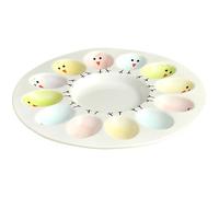 Easter Chicks Egg Platter, 12-Slot Ceramic Tray, Hand-Painted 10.5 in Round Porcelain Serving Dish with Chicken Pattern for a Dozen Eggs, Desserts, Snacks