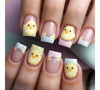 Easter Colorful Chick White Daisys Pattern Short Square Presses on Nails ABS Materials Easy to Wear Presses on Nails