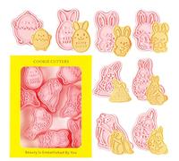 Easter Cookie Cutters Set with Tray - 12PCS Bunny & Chicks Food Grade Plastic Cookie Molds, Baking Tools with Pink Tray, Easter Gift Idea