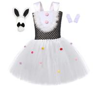 Easter Cosplay Cartoon Bunny Girls Headband Dress Stage Performance Role Play Five-Piece Festive Ensemble (White, 10-12 Years)