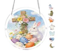 Easter Cross Bunny Floral Design 7.8x7.8Inch Round Acrylic Hanging Puzzle | Creative Home Accent with Visual Appeal