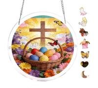 Easter Cross Floral Basket Scene 7.8x7.8Inch Round Acrylic Hanging Puzzle | Creative Home Accent with Visual Appeal
