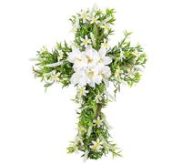 Easter Cross Wreath, 50cm Artificial Lily Cross Wreaths with Wooden Frame for Front Door, Floral Cross Door Hanger for Spring, Easter & Religious Home Decor (1Pc)
