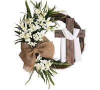 Easter Cross Wreath with Burlap Bow, 40/50cm Hanging Easter Door Sign, Spring Garland for Front Gate, Religious Holiday Home Decoration - Springtime, Summer, Fall, All Seasons (White,50cm)