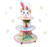 Easter Cupcake Stand Party Decoration, 3 Tier Bunny Cupcake Holder for Dessert Display, Rabbit Dessert Stand for Easter Party Birthday Baby Shower Spring Picnic Supplies (Colorful-Rabbit & Flowers)