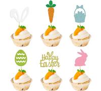 Easter Cupcake Toppers, 12 Pcs Glitter Easter Cake Decorations, Happy Easter Cake Toppers, Rabbit Bunny Eggs Basket Carrot Cake Toppers for Spring Easter Party Decorations Supplies