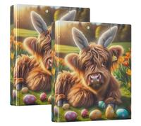 Easter Cute Highland Cow 3 Rings Binders 1-1/2 Inch with 3 Interior Pockets, Round Ring Binder Durable Basic Binders for Work School Office 2 Pack