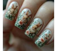 Easter Cute Rabbit Press on Nails Square Short Fake Nails 3D Embossed False Nails with Flower Bunny Designs Reusable Full Cover Glue on Nail Easter Acrylic Nails Kit for Women Girls 24Pcs