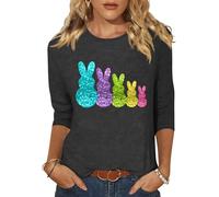 Easter Day 3/4 Sleeve Shirts for Women Cute Easter Graphic Tee Colorful Spring Casual Blouses Tops, Dark Grey-04, S