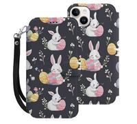 Easter Day Eggs Bunny Leather Flip Phone Case Wallet Cover Compatible with iPhone 15/15 Plus/15 Pro/15 Pro Max