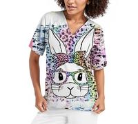 Easter Day Scrub Tops for Women Nurses Top Classic Fit Care Work Shirt Doctors Hospital Rabbit Scrubs Women Work Top for Ladies Black Tunic Beauty Uniform with Pockets