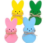 Easter Decor 4 Pcs Wooden Peep Bunny Decorations for Tiered Tray Mantel Farmhouse, Cute Spring Signs Home Office Party Supplies