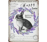 Easter Decor Religious Bunny Rabbit Happy He Has Risen Christian French Purple Lavender Wreath Tin Signs Vintage Home Metal Poster for Bedroom Kitchen 8x12 inch