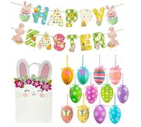 Easter Decoration Set - Happy Easter Egg Pennant Banner with 12 Flower Easter Egg Ornaments and a Bunny Gift Bag, Perfect for Easter Party Home Spring Decorations