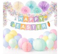 Easter Decorations for Home-62pcs Happy Easter Party Decorations Included Banner, Glitter Tinsel Garland, Paper Fans, Paper Lanterns, and Balloons for Easter Party Supplies Spring Themed Party Favors
