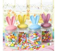 Easter Decorations- Glass Jars with Ceramic Bunny Ear Lid and Airtight -4 PcsEaster Glass Storage for Chocolate Candy Sweets Gift Mini Eggs Table Decoration（include Eggs）