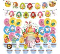 Easter Decorations, Happy Easter Bunting Banner, 18 Balloons, Cake Topper & 12 Cupcake Toppers, Bunny & Egg Party Decorations for Kids Family Gathering Home Table Decoration Spring Party Nursery Event