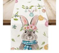 Easter Decorations Happy Easter Table Runner 13 x 72 Inch, Flowers Leaves Easter Eggs Rabbit Spring Table Runner for Kitchen Dining, Farmhouse Brunch Outdoor Party, Waterproof Reusable