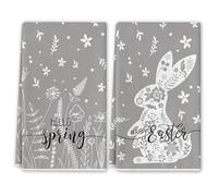 Easter Decorations Kitchen Towels,2Pcs 19x16In Happy Easter Dish Towels with Bunny Eggs Spring Easter Hand Drying Tea Towel for Bathroom Kitchen Home Decor Housewarming Gift Party Supplies(Grey)