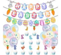 Easter Decorations Set Happy Easter Banner Bunting Hanging Easter Bunting with Foil Swirls, Swirls with Cutouts and Cake Inserts for Kids Easter Party Supplies Home Decorations