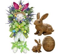 Easter Decorations Set of 3, Handwoven Rattan Easter Bunny Ornaments with White Mesh Ears & Linen Bow, Nesting Ceramic Pot with Daisies, Spring Home Decor, Table Centerpiece, Mantel Shelf Decor (E)