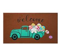 Easter Decorative Welcome Door Mat, Easter Eggs Bunny Tail Easter Egg Truck Front Door Mat 24x16 Inch