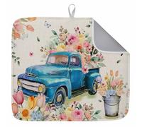 Easter Dish Drying Mat Blue Truck Spring Drying Matt Kitchen Counter Absorbent Microfiber Quick Dry Mats Flowers Easter Day Dishes Drainer Home Decor 18x24 Inch