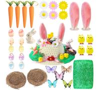 Easter DIY Bonnet Craft Kit - Complete Set with Hat, Carrots, Chicks, Butterflies, Flowers, Nest, Grass, Egg, Bunny Figurine & Rabbit Ear for Kids Spring Decorations and Easter Party Activities(Beige)