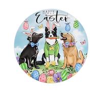 Easter Dogs Bunny Ears Eggs Flowers Butterflies Spring Joyful Celebration Round Tin Sign Vintage Metal Sign Home Bar Garden Wall Decor Metal Poster 8x8 Inch