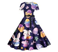 Easter Dress for Women, Womens 50s Dresses Easter Eggs Bunny Print Vintage Cocktail Dresses Sexy Short Sleeve Midi Dress Rockabilly Swing Dress Tunic Party Evening Dress 50S Party Dress for Adults