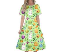 Easter Dresses for Women UK Cute Rabbit and Egg Printed Short Sleeve Tank Dresses Lounge Crew Neck Swing Tee Shirt Dress Summer Casual Loose Fit Midi Dress Funny Outfits(Vermilion, S)