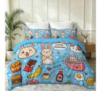 Easter Duvet Cover Set King 220 x 230 cm, Soft Cosy Cartoon Rabbit Fruit Bedding with Easy Care Microfiber, Quilt Cover with Pillowcases Zipper Closure, Blue