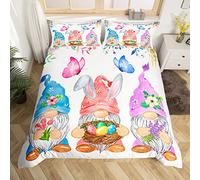 Easter Duvet Cover Set King Size, Colorful Eggs Rabbit Gnomes Bedding Set 3pcs for Kids Boys Girls Room Decor, Pink Flower Butterfly Comforter Cover Watercolor Quilt Cover with 2 Pillowcases