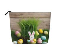 Easter Egg Bunny Grass Wooden Print Fake Hemp Makeup Bag â€“ Travel Toiletry Pouch for Women, Daily Storage, Business Trips, and More