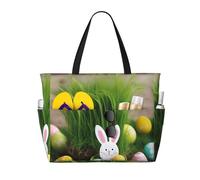 Easter Egg Bunny Grass Wooden Print Foldable Beach Bag Convenience Tote Summer Vacation Picnic Camping Gym Daily Use
