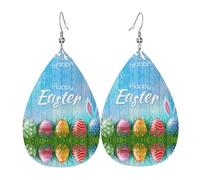Easter Egg Bunny Grass Wooden Print Leather Dangle Earrings for Women - Lightweight Teardrop Fashion Statement Earrings