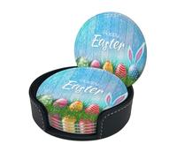 Easter Egg Bunny Grass Wooden Print Round Leather Coasters - Set Of 6, Ultra-Fiber Pu Leather